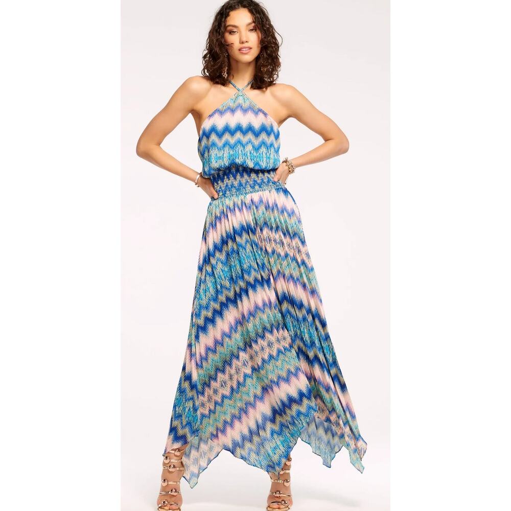 $595 Ramy Brook Giana Halter Maxi Dress - Retro Chevron Sz S